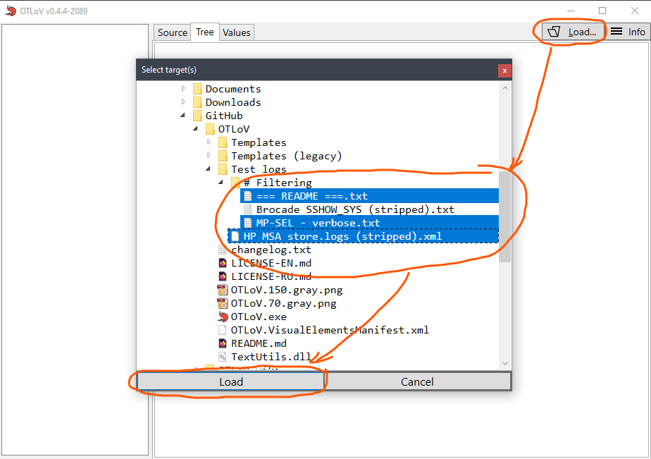 OTLoV load dialog screenshot with multiple items selected