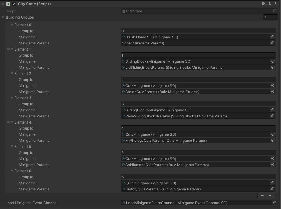 Screenshot des CityState Inspektors zeigt wie Gebäudegruppen Minispiele und ihre Parameter zugewiesen werden.