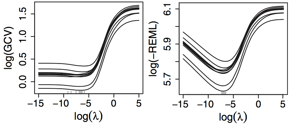 gcv and reml scores as functions of the smoothing parameter