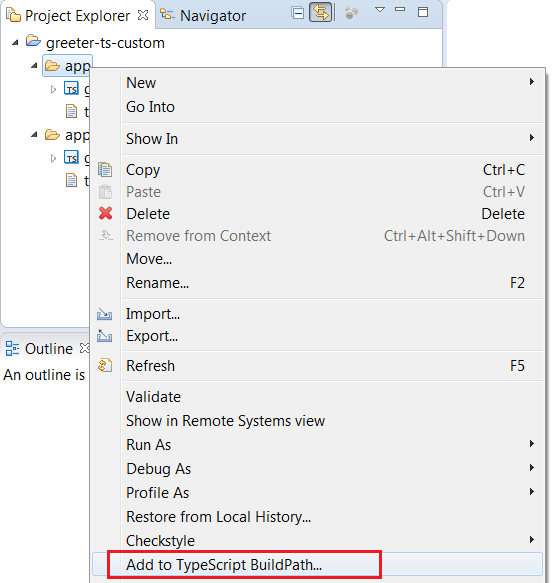 TypeScript Build Path Add Menu