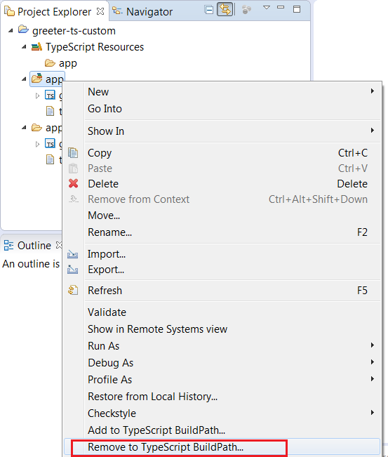 TypeScript Build Path Remove Menu