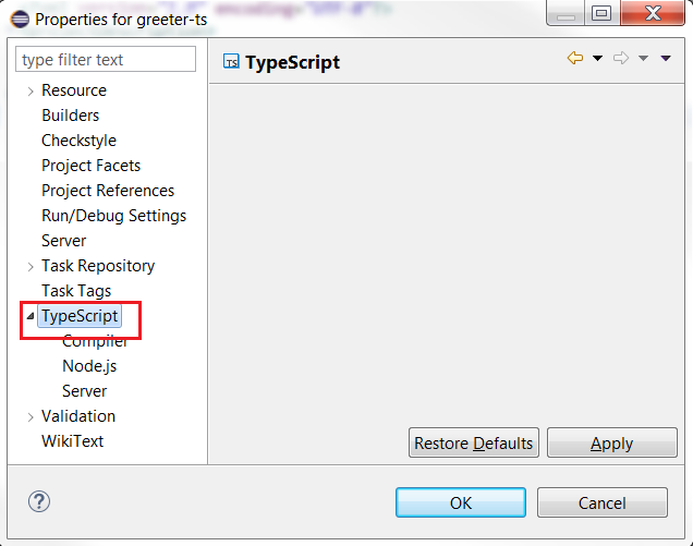 TypeScript Nature Inside Project Properties